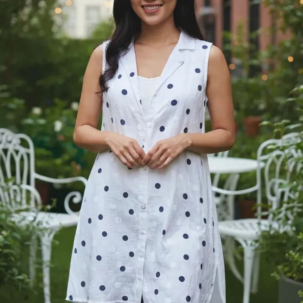 209 WST 38 Sleeveless Embroidered Polka Dots / Stripes Button Down Tunic w/ Slip